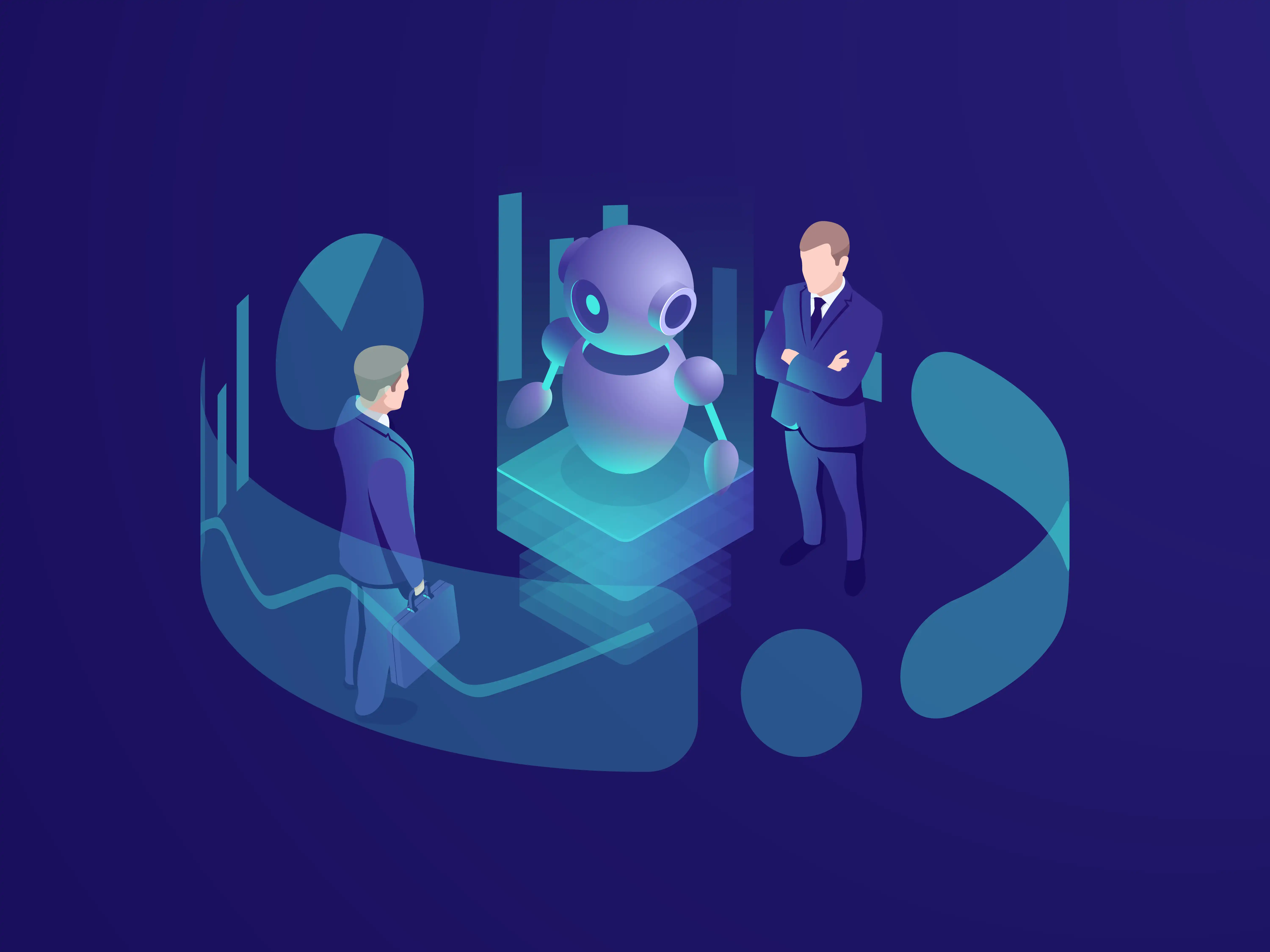 Two businessmen and a robot with a futuristic display