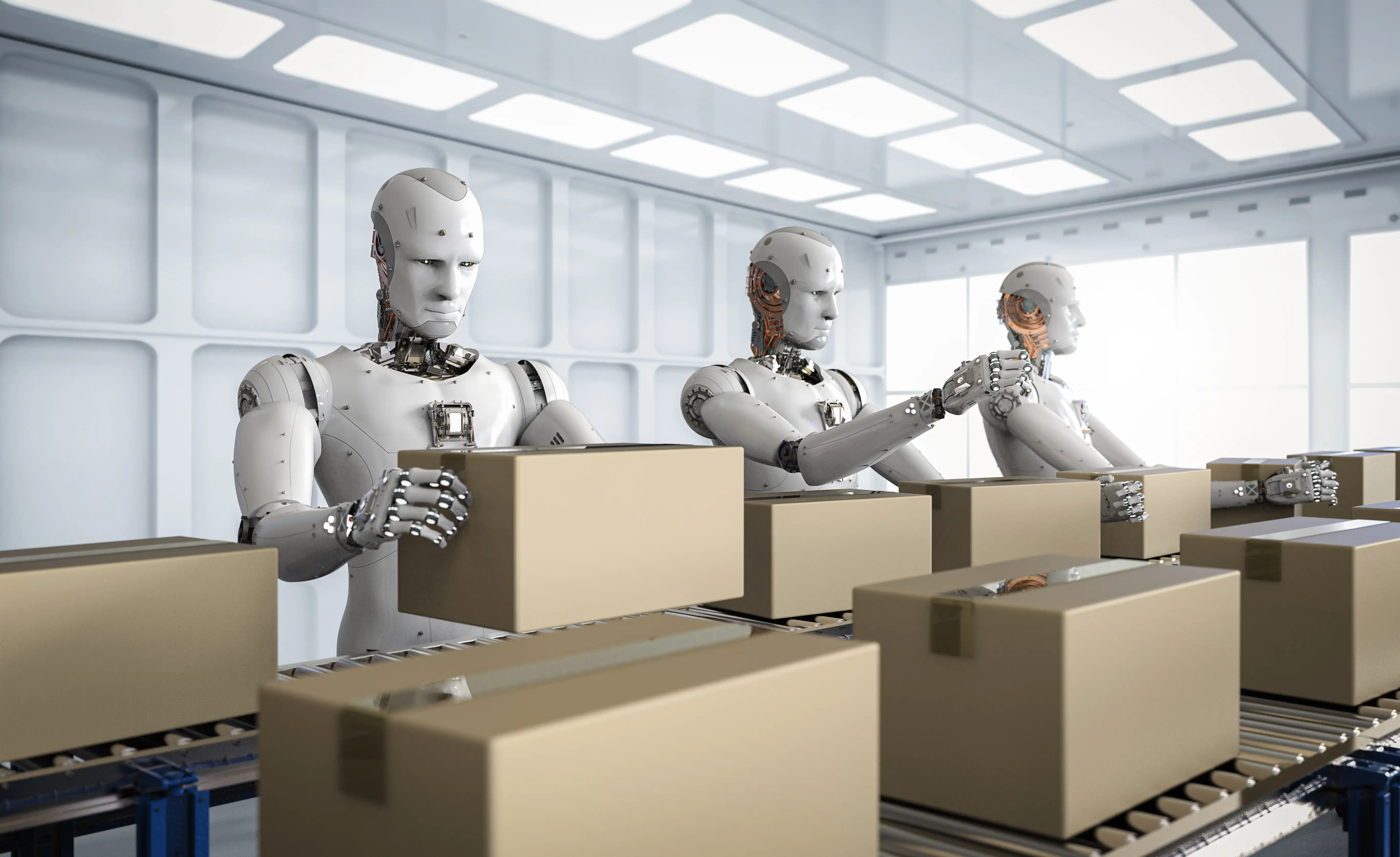 robots handling and inspecting packages on a conveyor belt