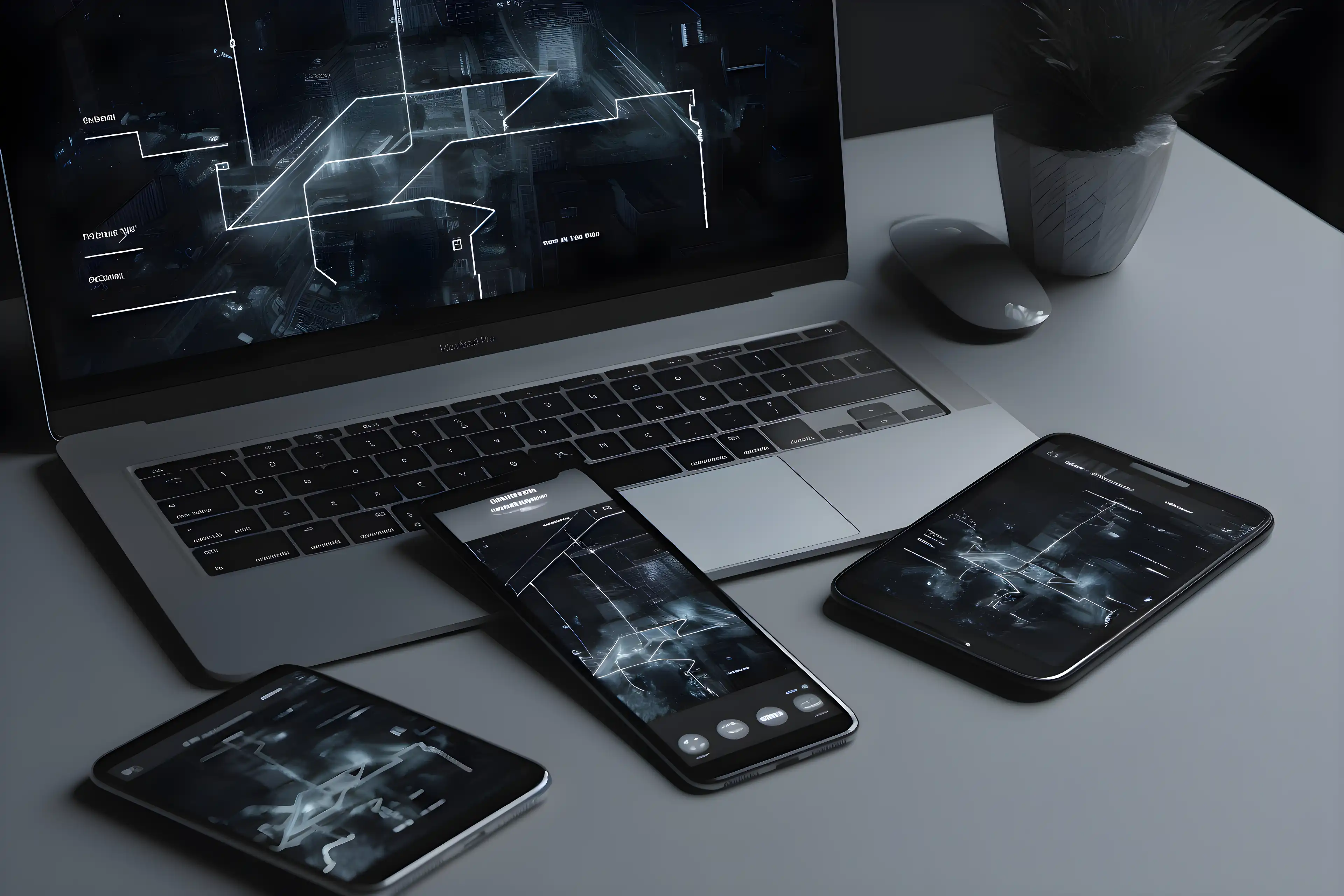 Laptop phone and tablet on the table