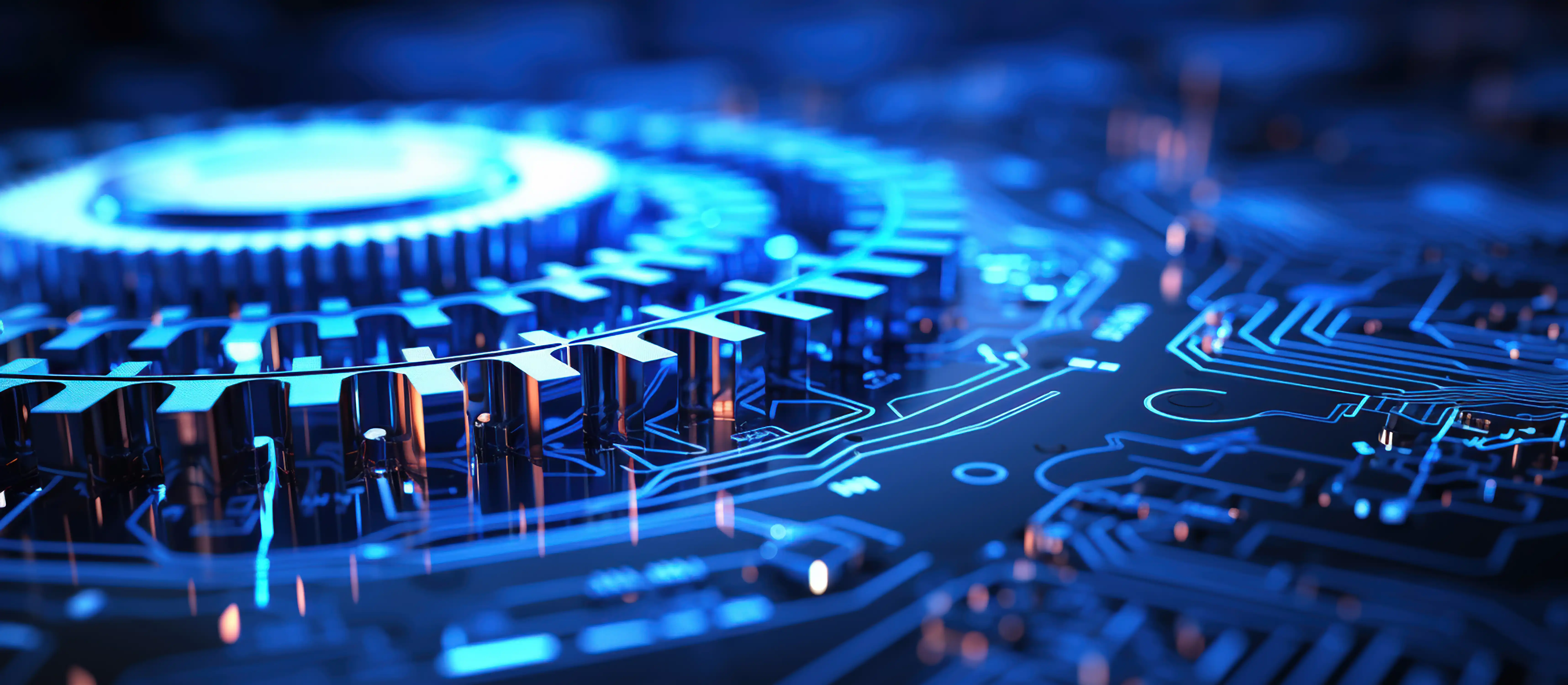 blue glowing gear resting on a surface with networking lines weaving around it