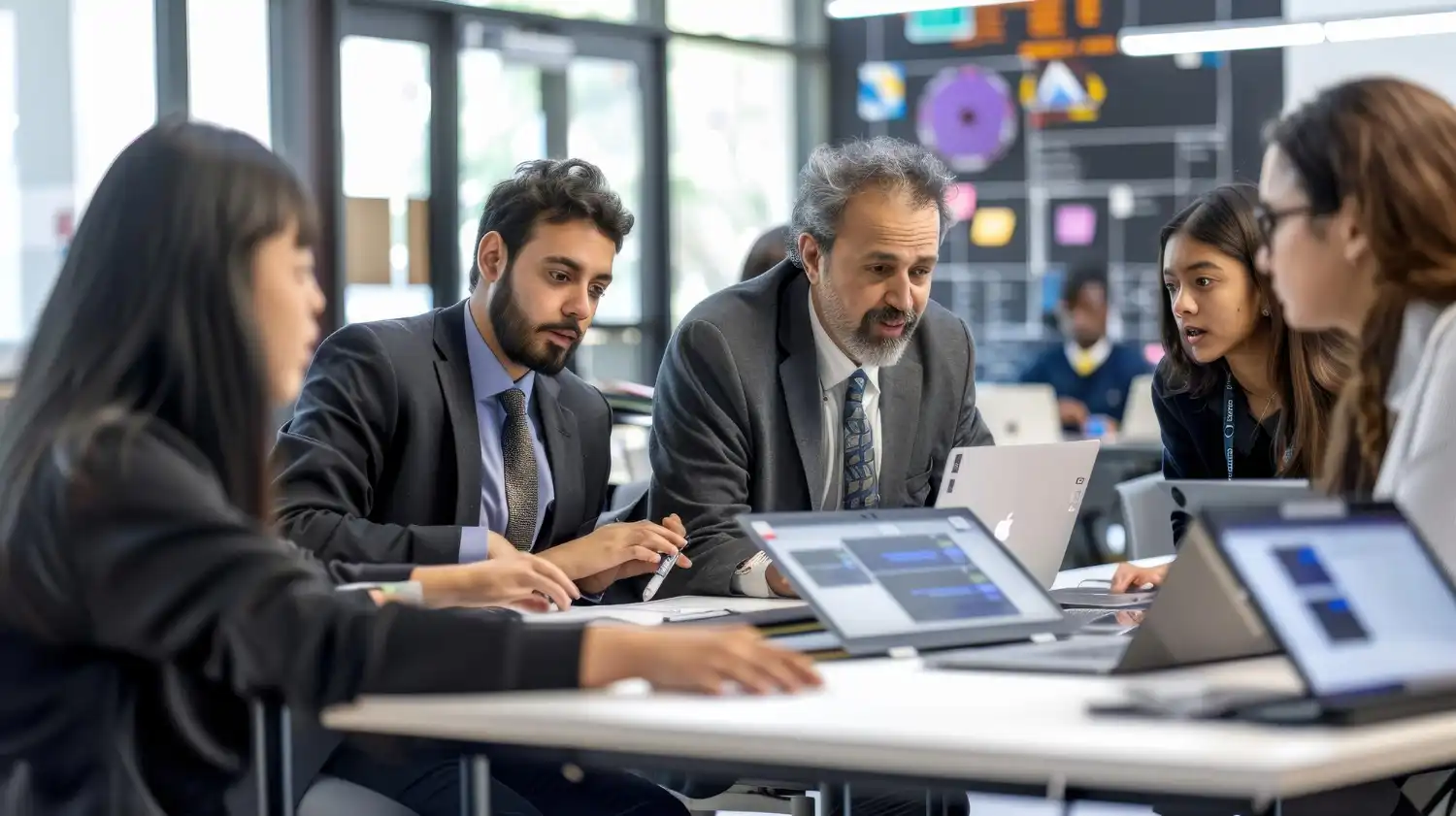 A photographic image of a group of students and industry experts gathered around a modern hightech