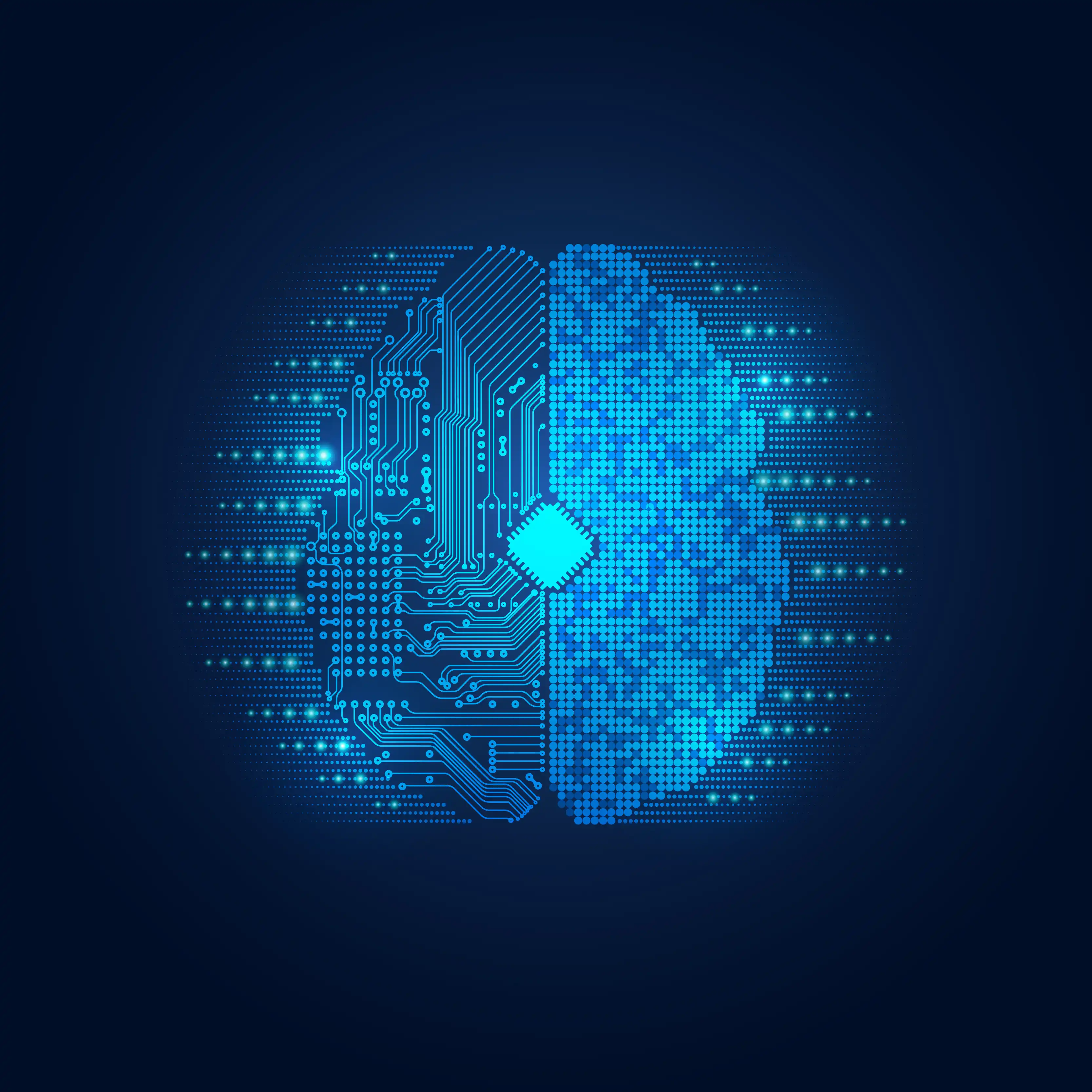 digital brain with blue coloring and glowing blue dots