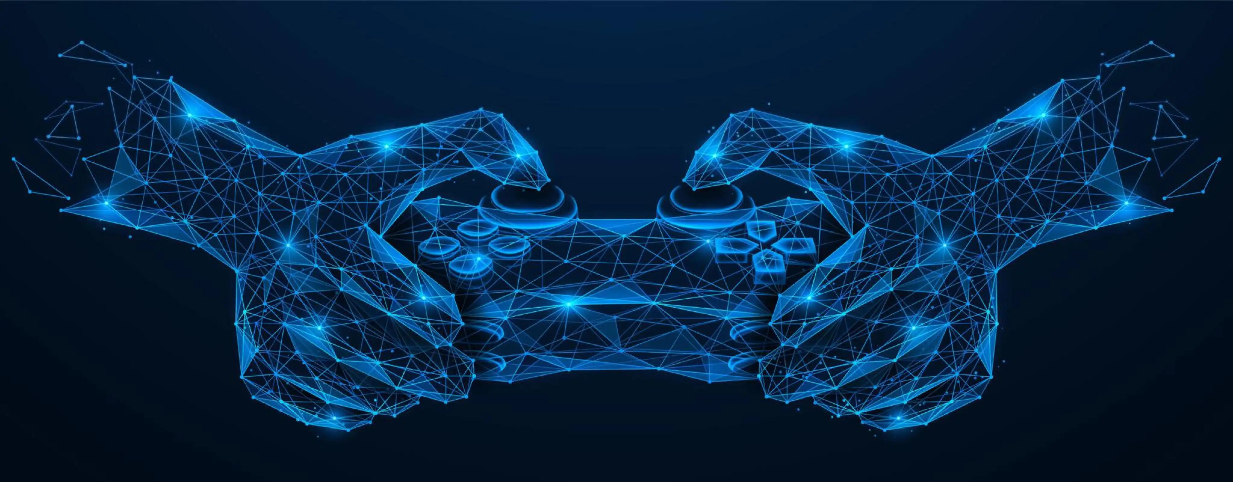 Glowing blue wireframe hands holding game controller