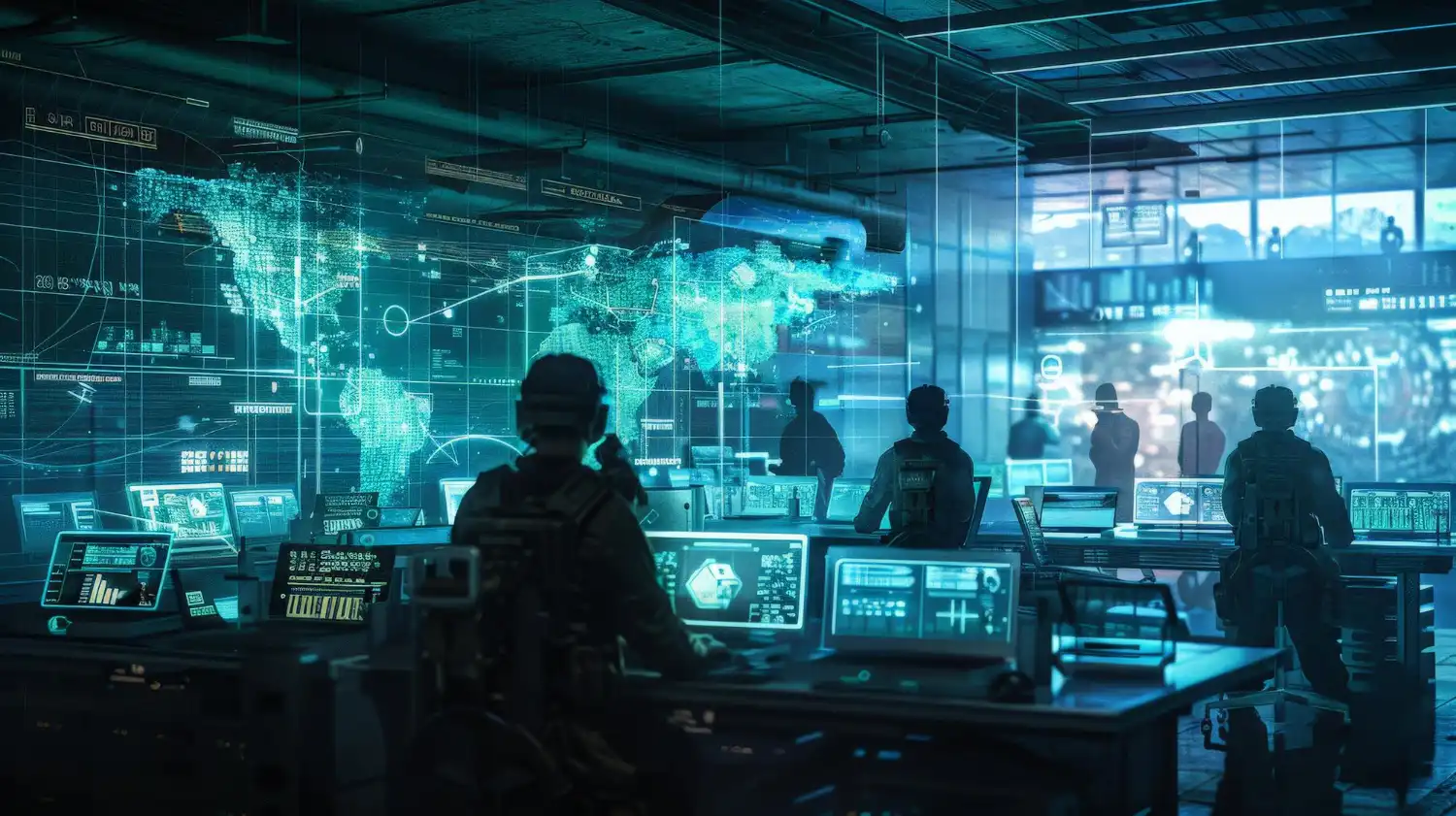 Futuristic combat scene in a cyber warfare operations center with analysts