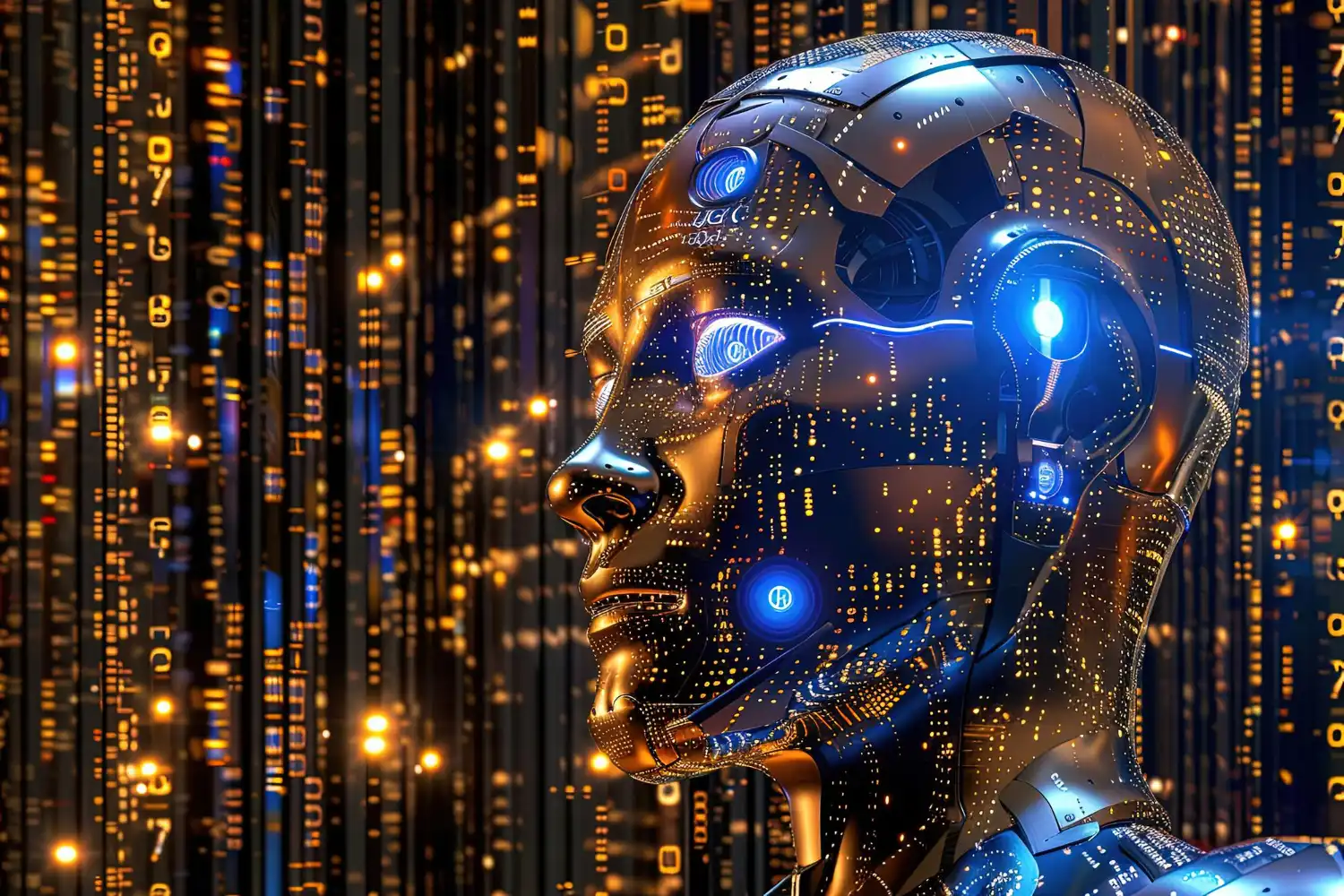 A robot with glowing blue eyes and headphones