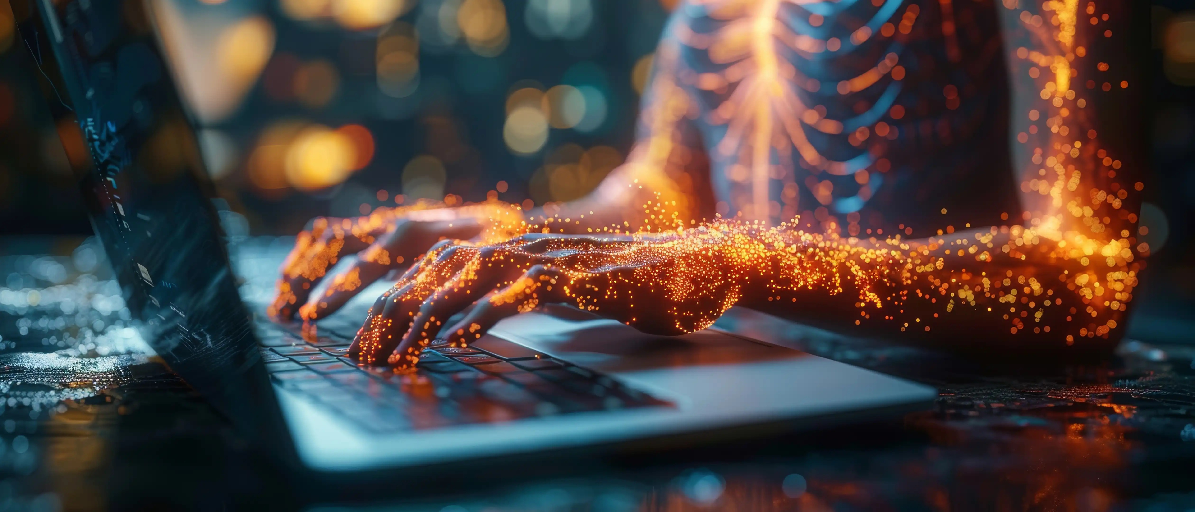 typing on laptop with orange glow on arms
