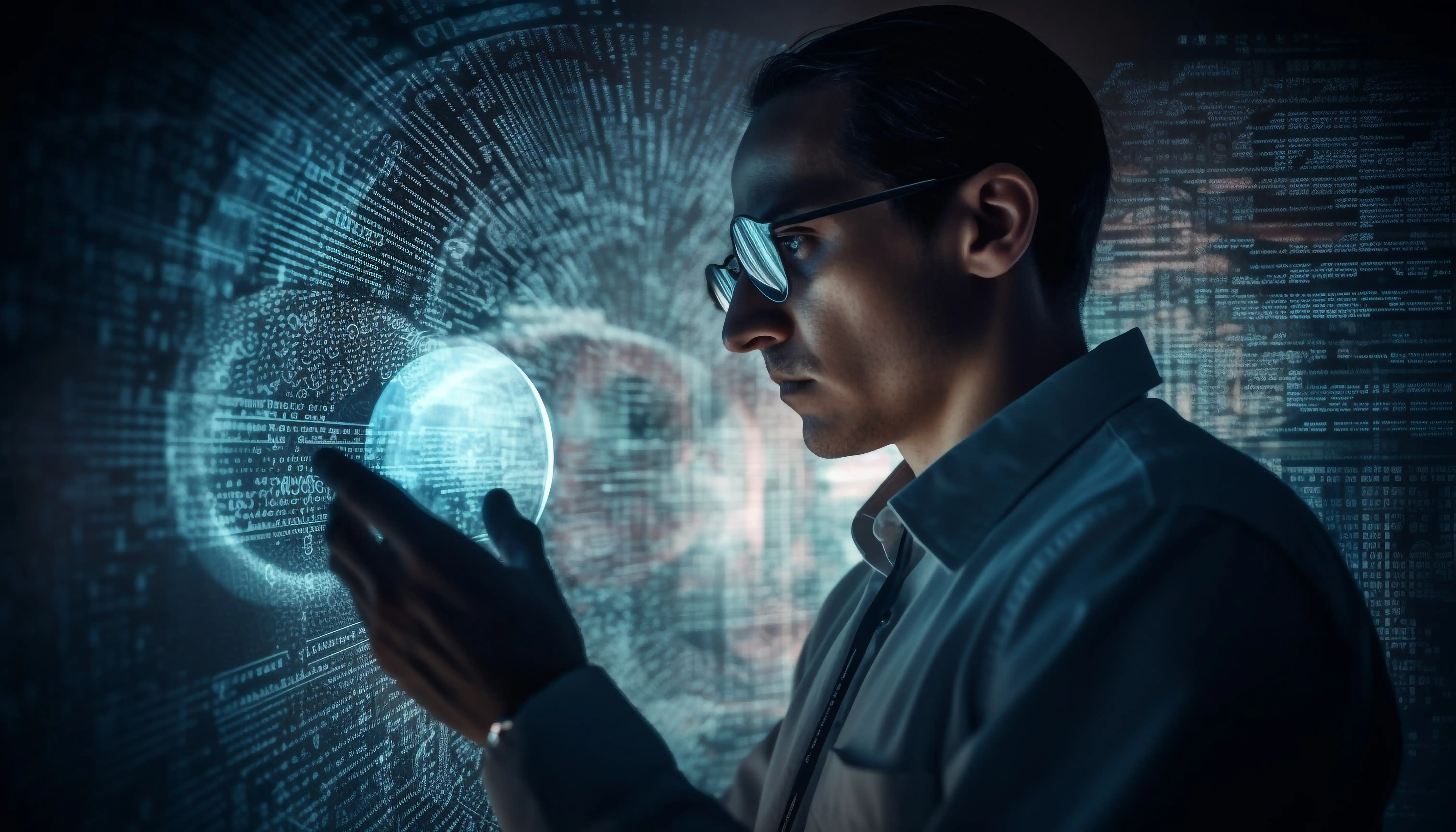 man holding orb with reflections and overlay of code