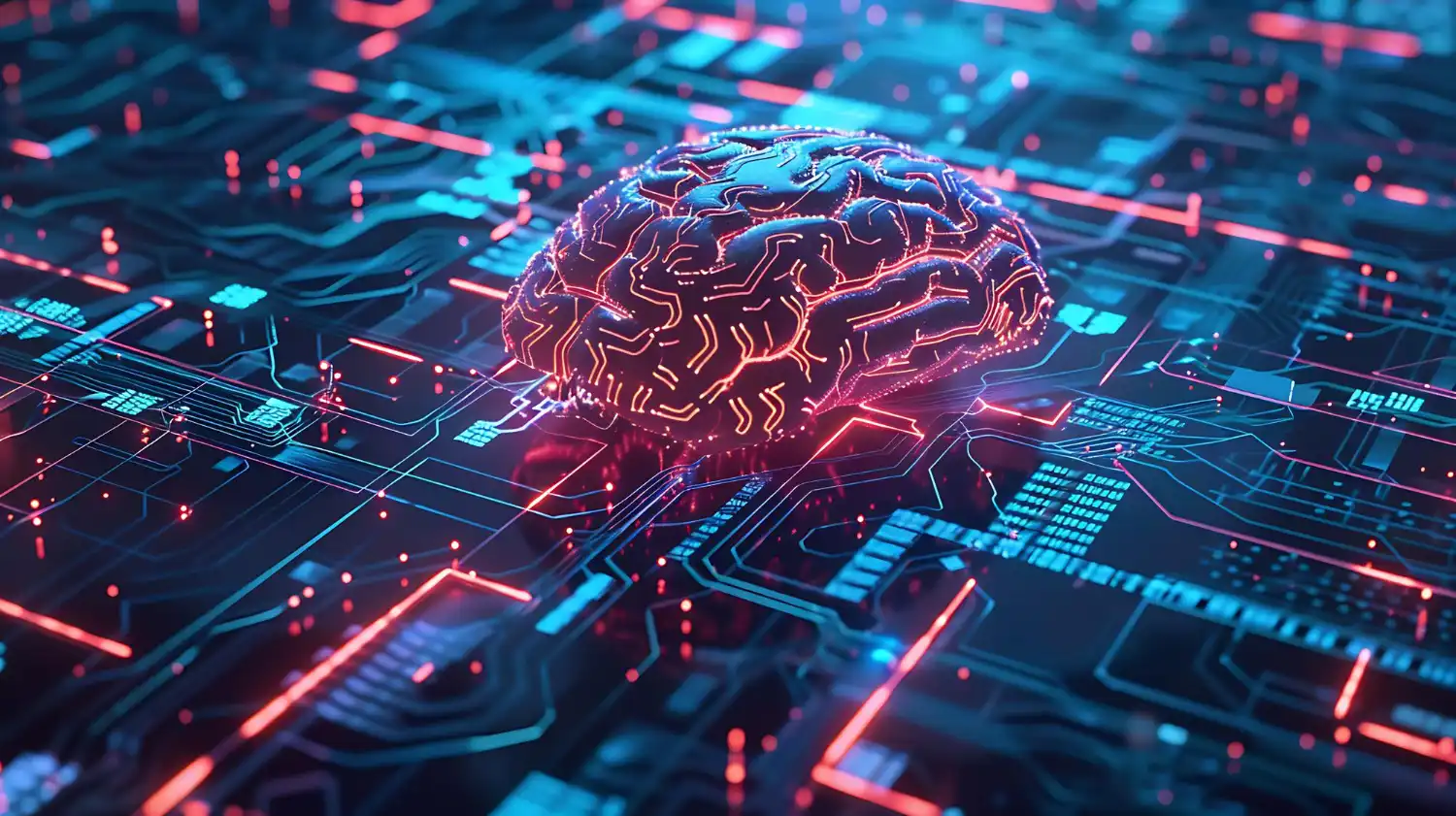 A brain with a blue and red neon light