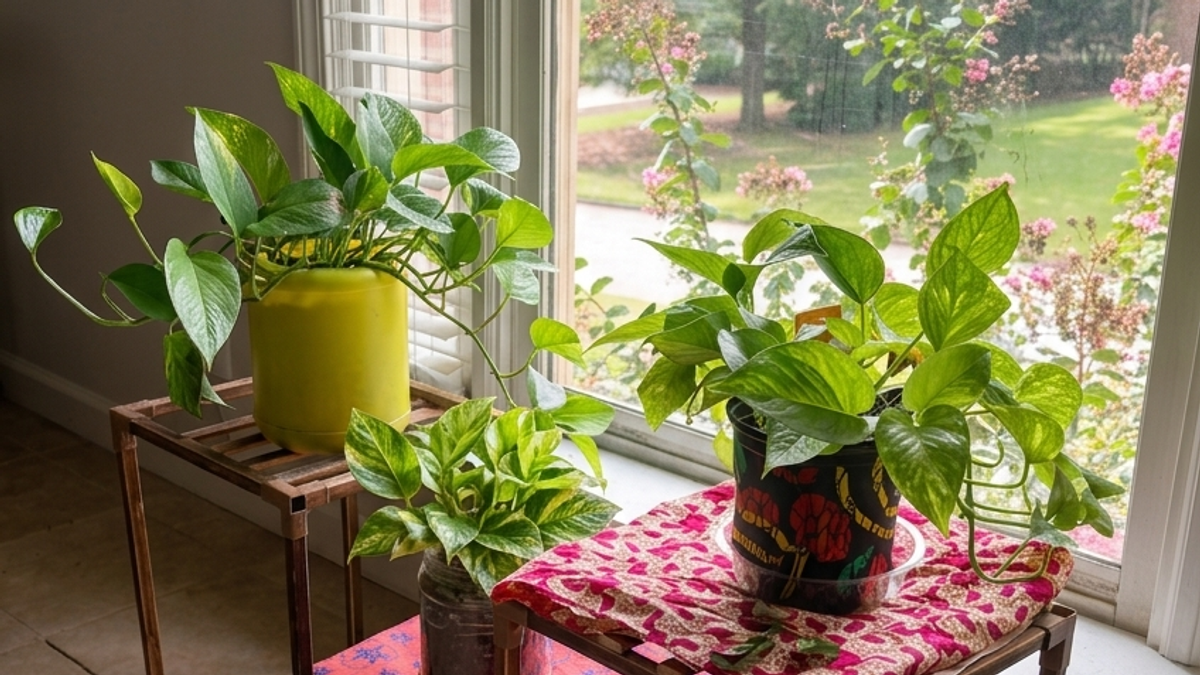 Golden pothos plants trailing from a yellow ceramic pot and patterned fabric runner on wooden plant stands beside a sunlit window