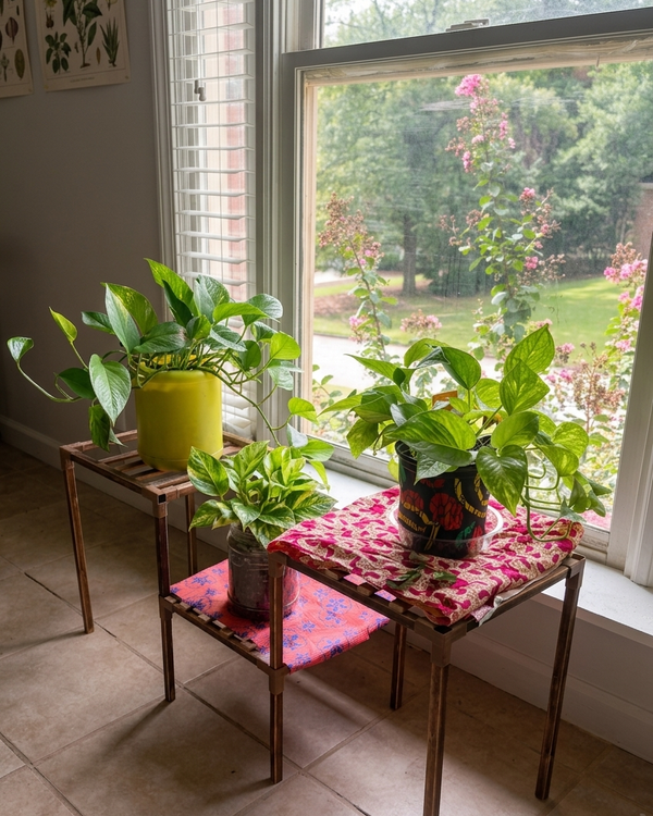 Golden pothos plants trailing from a yellow ceramic pot and patterned fabric runner on wooden plant stands beside a sunlit window