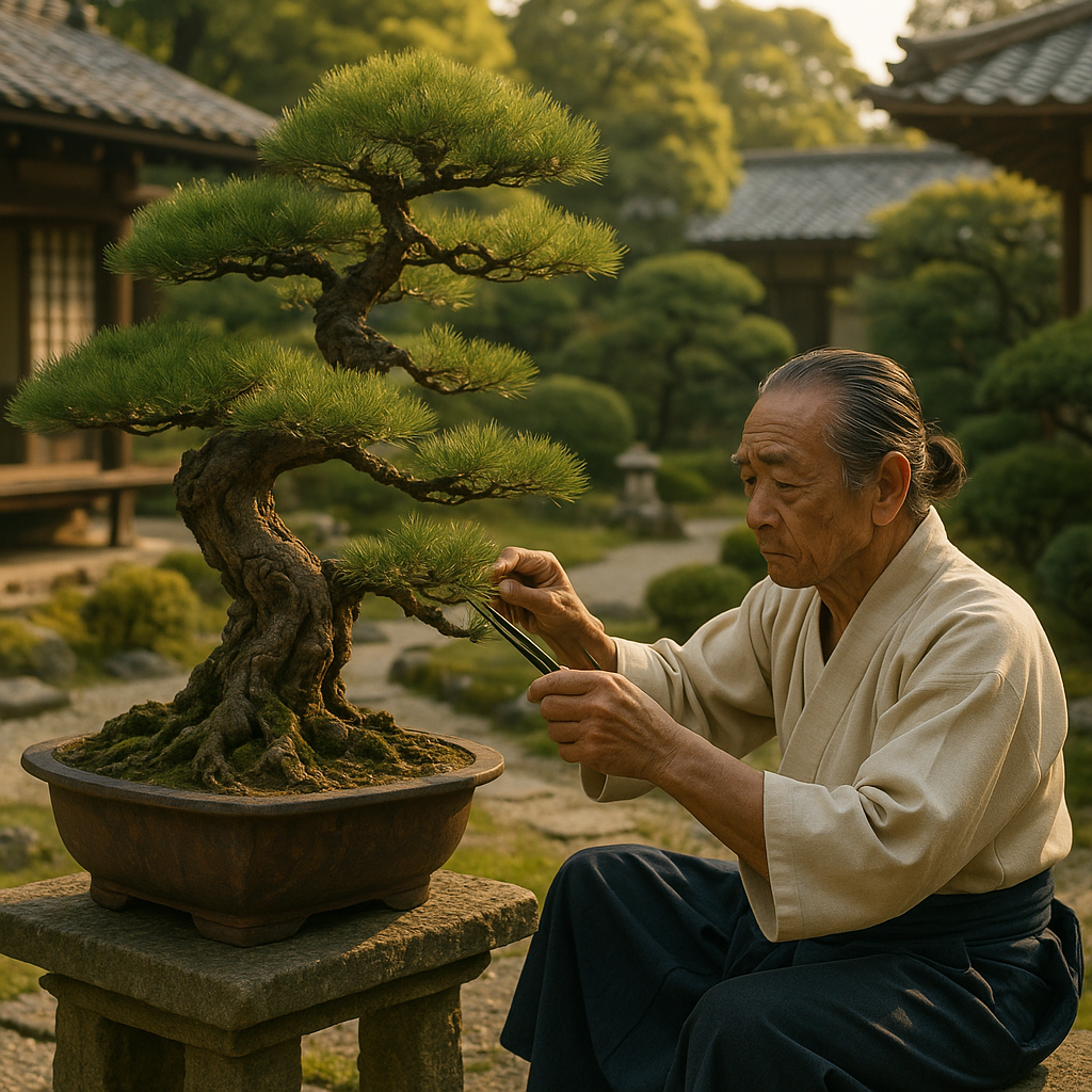 Master craftsman tending to centuries-old bonsai pine in traditional Japanese garden