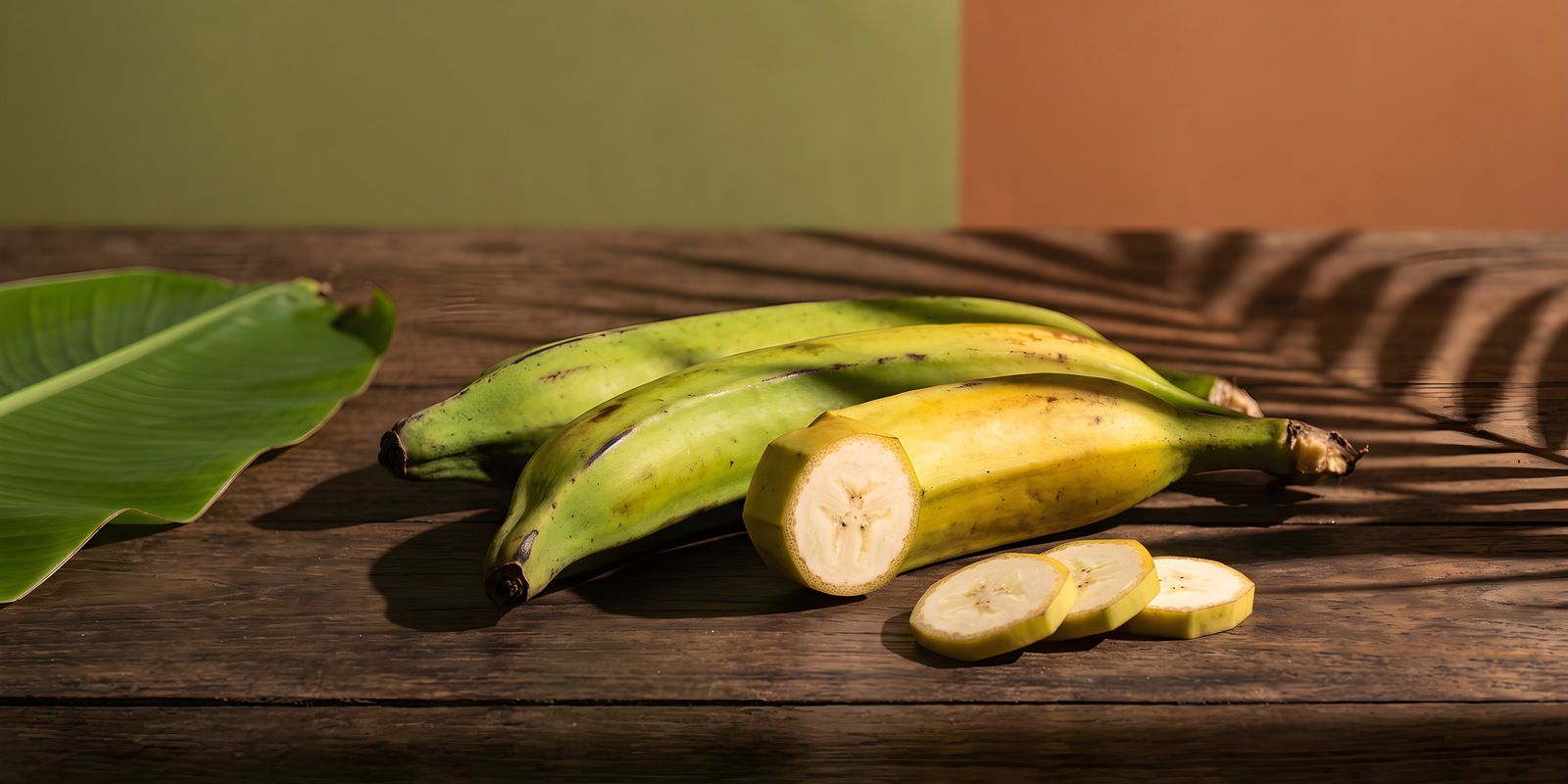 Long angular Nendran plantains on weathered teak, one cut open to show the pale flesh, with raw slices and a banana leaf