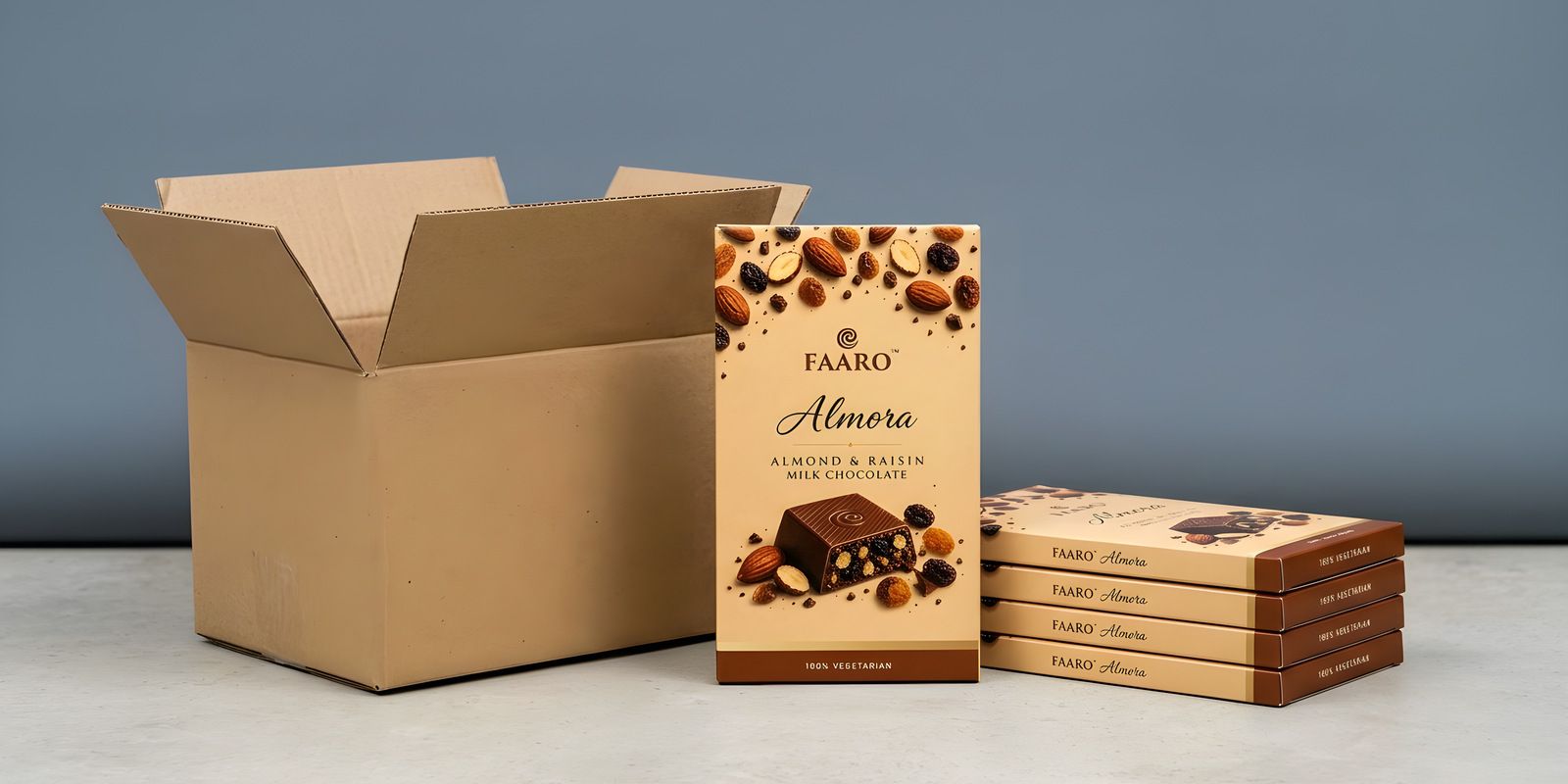 A Faaro Almora milk chocolate pack beside a squared stack of the same pack and an open kraft shipping carton on concrete