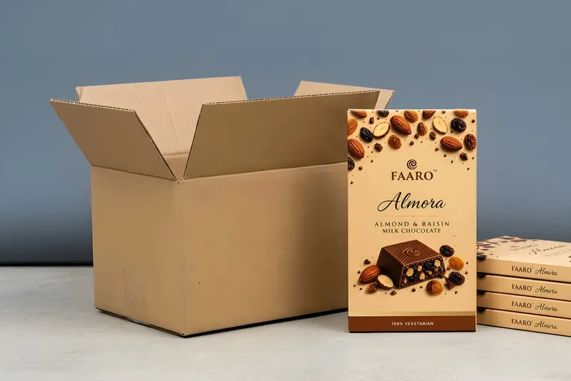A Faaro Almora milk chocolate pack beside a squared stack of the same pack and an open kraft shipping carton on concrete