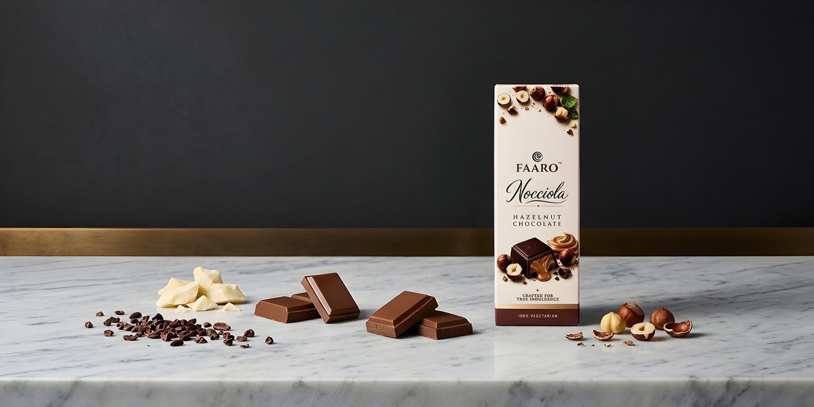 A Faaro Nocciola hazelnut chocolate bar on a marble slab beside glossy tempered chocolate squares, cocoa butter shards and cocoa nibs