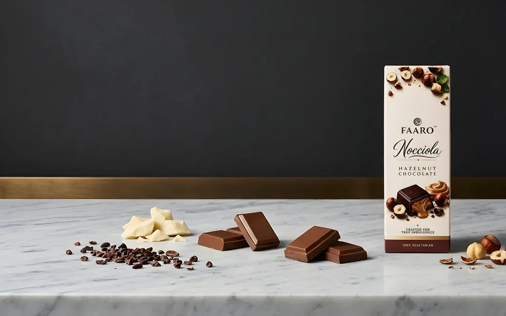 A Faaro Nocciola hazelnut chocolate bar on a marble slab beside glossy tempered chocolate squares, cocoa butter shards and cocoa nibs