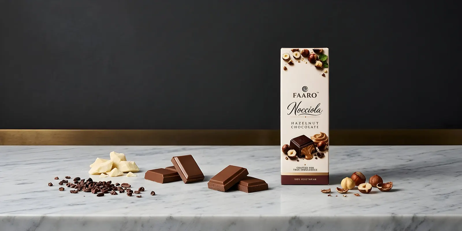 A Faaro Nocciola hazelnut chocolate bar on a marble slab beside glossy tempered chocolate squares, cocoa butter shards and cocoa nibs