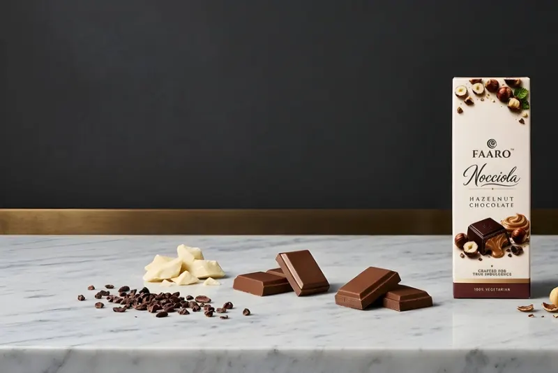 A Faaro Nocciola hazelnut chocolate bar on a marble slab beside glossy tempered chocolate squares, cocoa butter shards and cocoa nibs