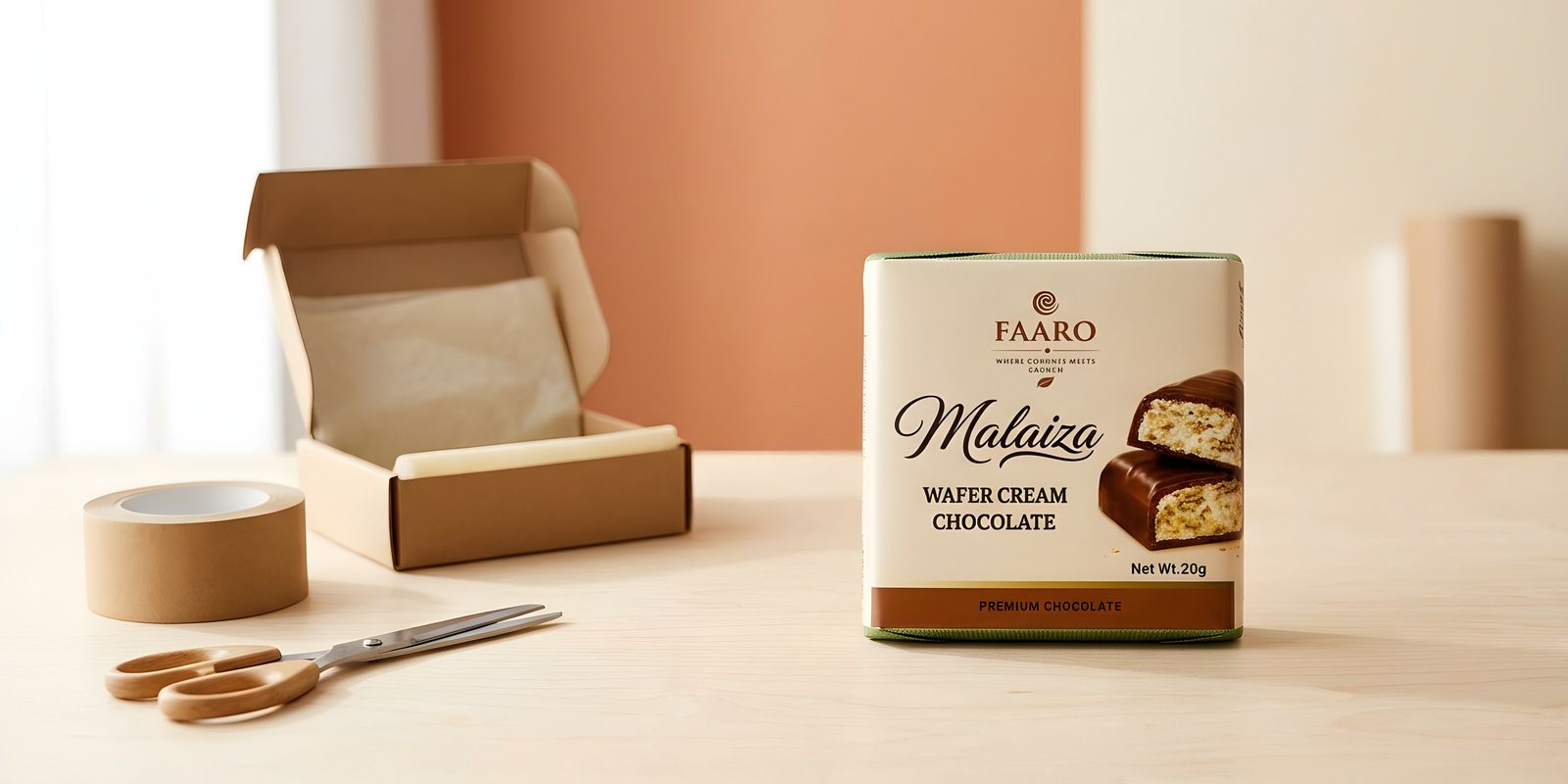A Faaro Malaiza chocolate pack on a birch table beside an open kraft mailer box, paper tape and scissors, ready for despatch