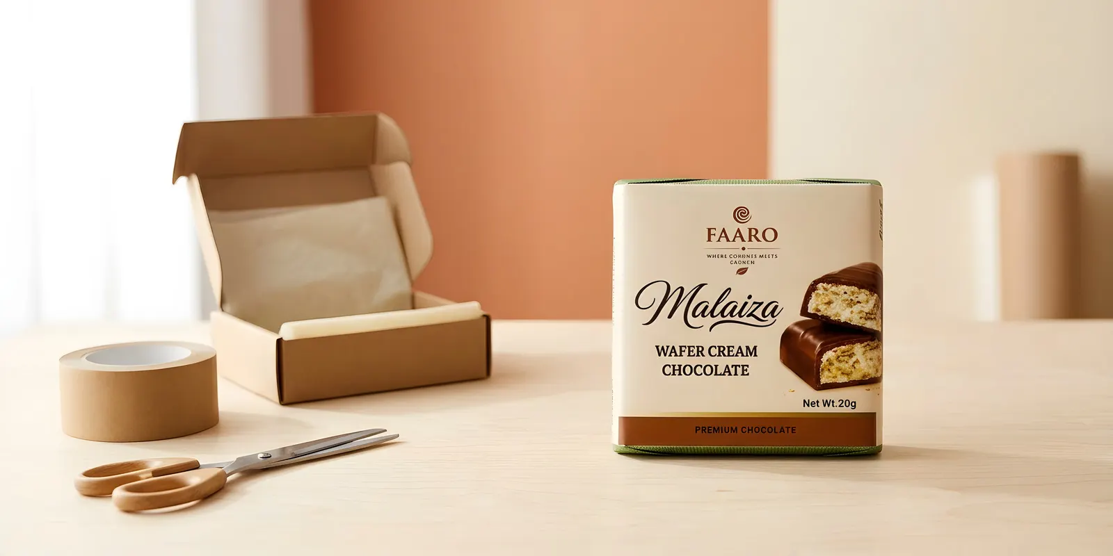 A Faaro Malaiza chocolate pack on a birch table beside an open kraft mailer box, paper tape and scissors, ready for despatch