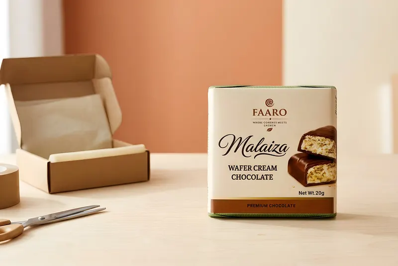 A Faaro Malaiza chocolate pack on a birch table beside an open kraft mailer box, paper tape and scissors, ready for despatch