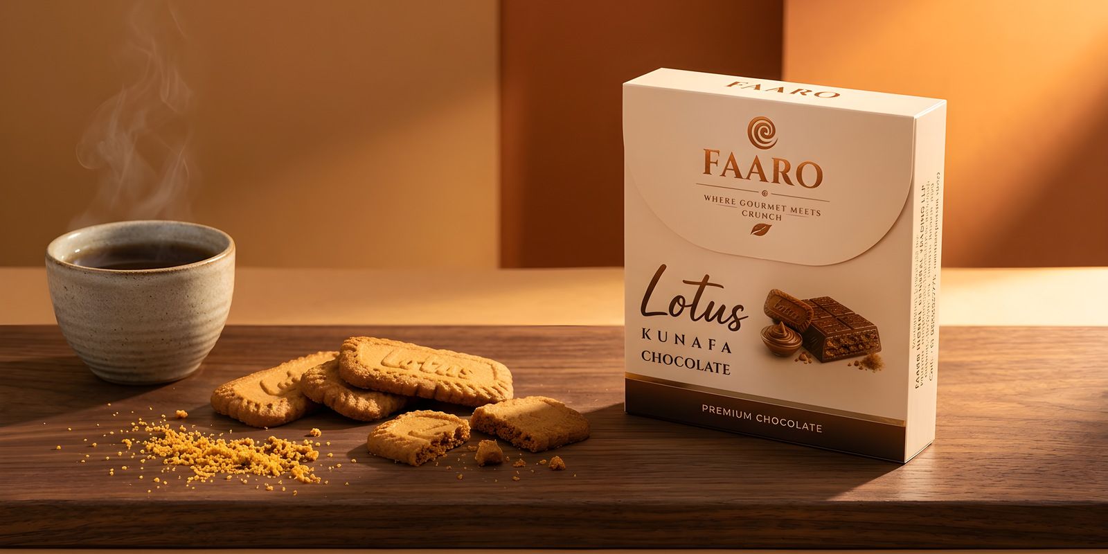A Faaro Lotus kunafa chocolate carton on a walnut board with caramelised biscuits, crumbs and a cup of tea