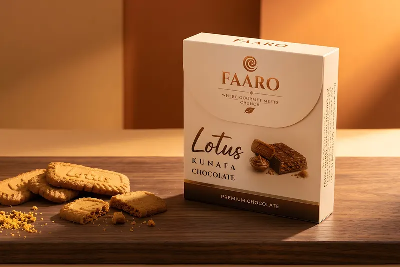 A Faaro Lotus kunafa chocolate carton on a walnut board with caramelised biscuits, crumbs and a cup of tea