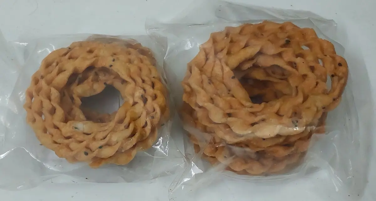 Different varieties of murukku from Kerala, each with a distinct texture and flavour