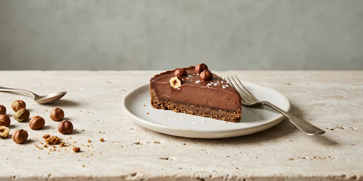 A slice of no-bake chocolate hazelnut tart on a plate, showing the biscuit crumb base and the thick set ganache layer above it
