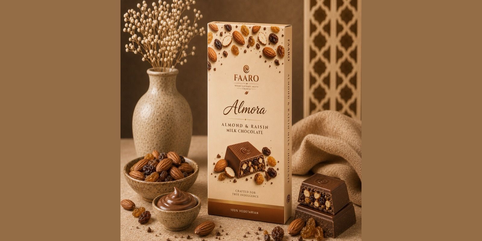 Faaro Almora almond and raisin milk chocolate — an everyday-earner SKU for retailers stocking premium chocolate
