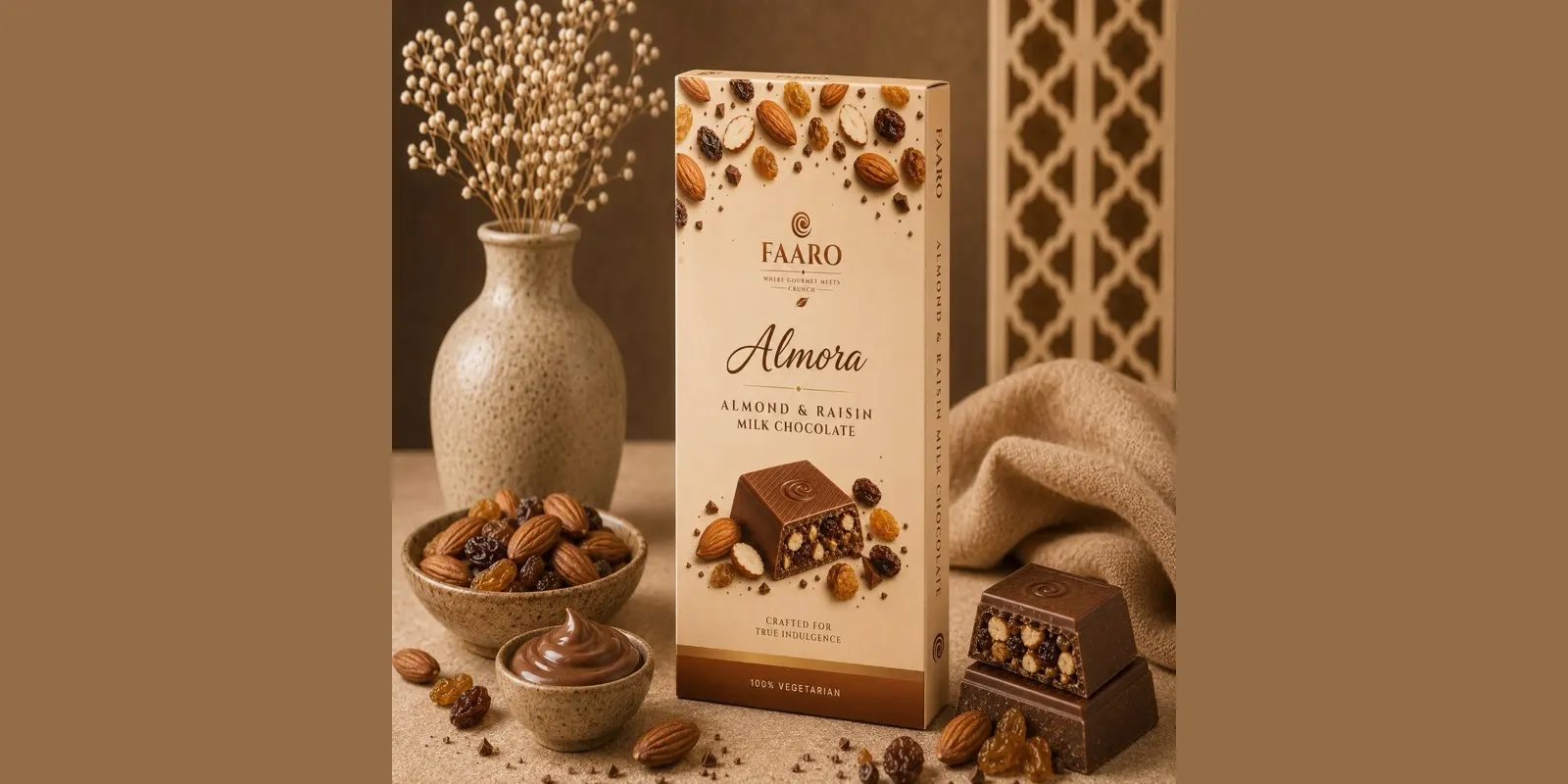 Faaro Almora almond and raisin milk chocolate — an everyday-earner SKU for retailers stocking premium chocolate