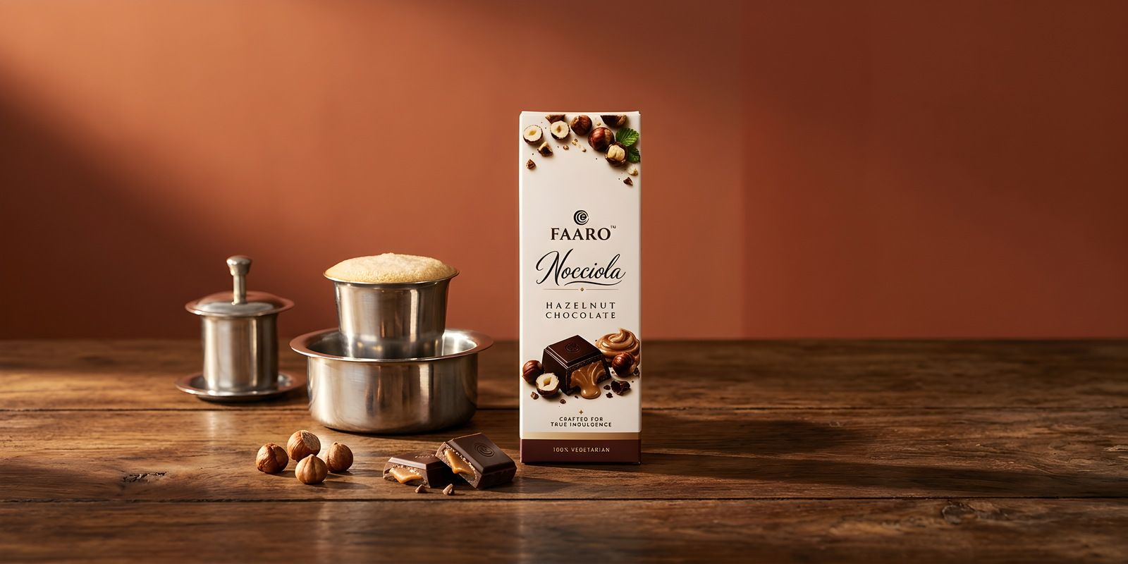 A Faaro Nocciola hazelnut chocolate bar on teak beside a South Indian steel filter coffee davara and tumbler