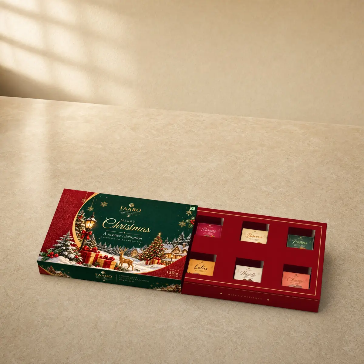 The FAARO Christmas gift box with its red drawer pulled out, showing six filled chocolates each under a flavour sticker: Berryza, Biscova, Pistera, Lotus, Nocciola and Chocoza