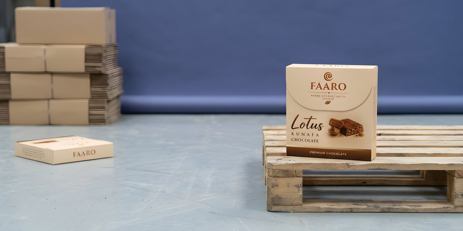 A Faaro Lotus chocolate carton on a wooden pallet edge in front of softly blurred stacked kraft cases in a warehouse