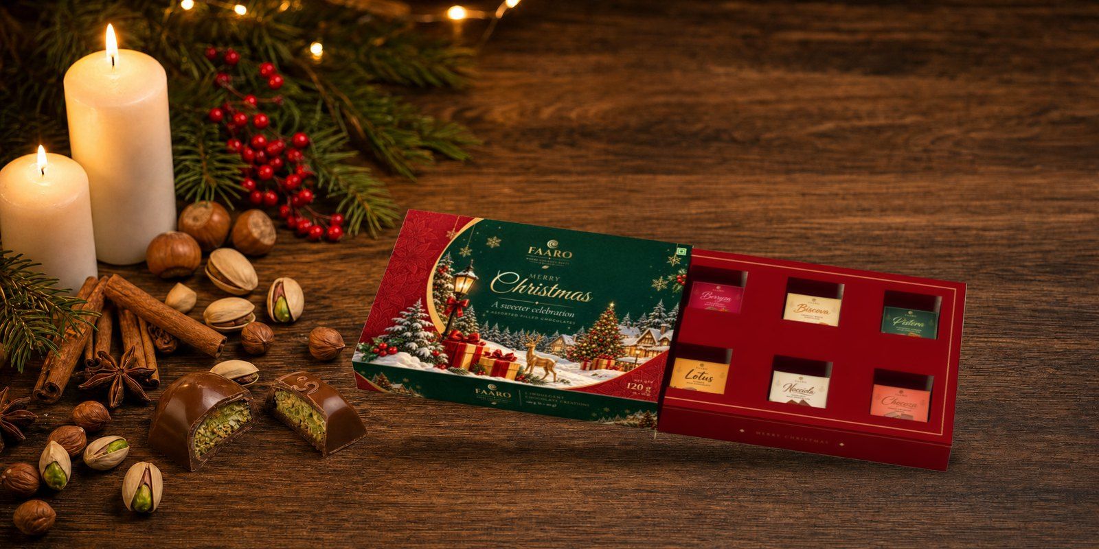 The FAARO Christmas gift box with its red drawer open, showing six stickered filled chocolates, on a walnut table with white candles, pine and holly berries, cinnamon, star anise, hazelnuts and halved pistachio chocolates