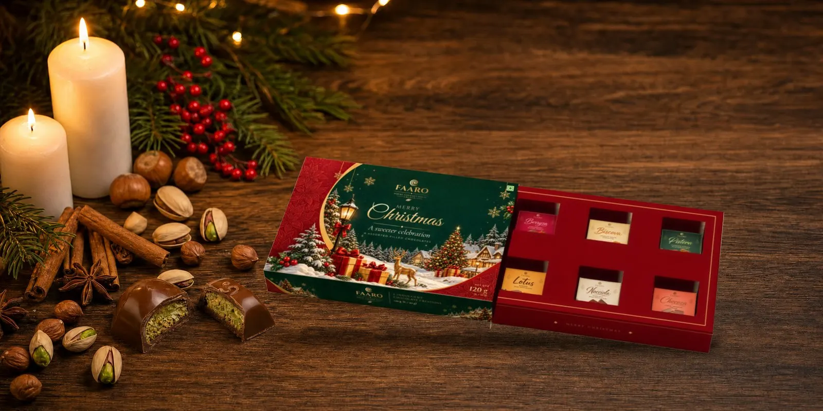 The FAARO Christmas gift box with its red drawer open, showing six stickered filled chocolates, on a walnut table with white candles, pine and holly berries, cinnamon, star anise, hazelnuts and halved pistachio chocolates