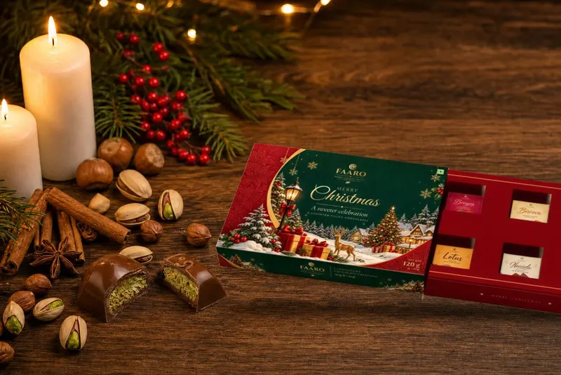 The FAARO Christmas gift box with its red drawer open, showing six stickered filled chocolates, on a walnut table with white candles, pine and holly berries, cinnamon, star anise, hazelnuts and halved pistachio chocolates