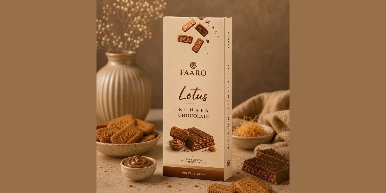Faaro Lotus kunafa milk chocolate bar with caramelised Biscoff biscuits and cookie butter
