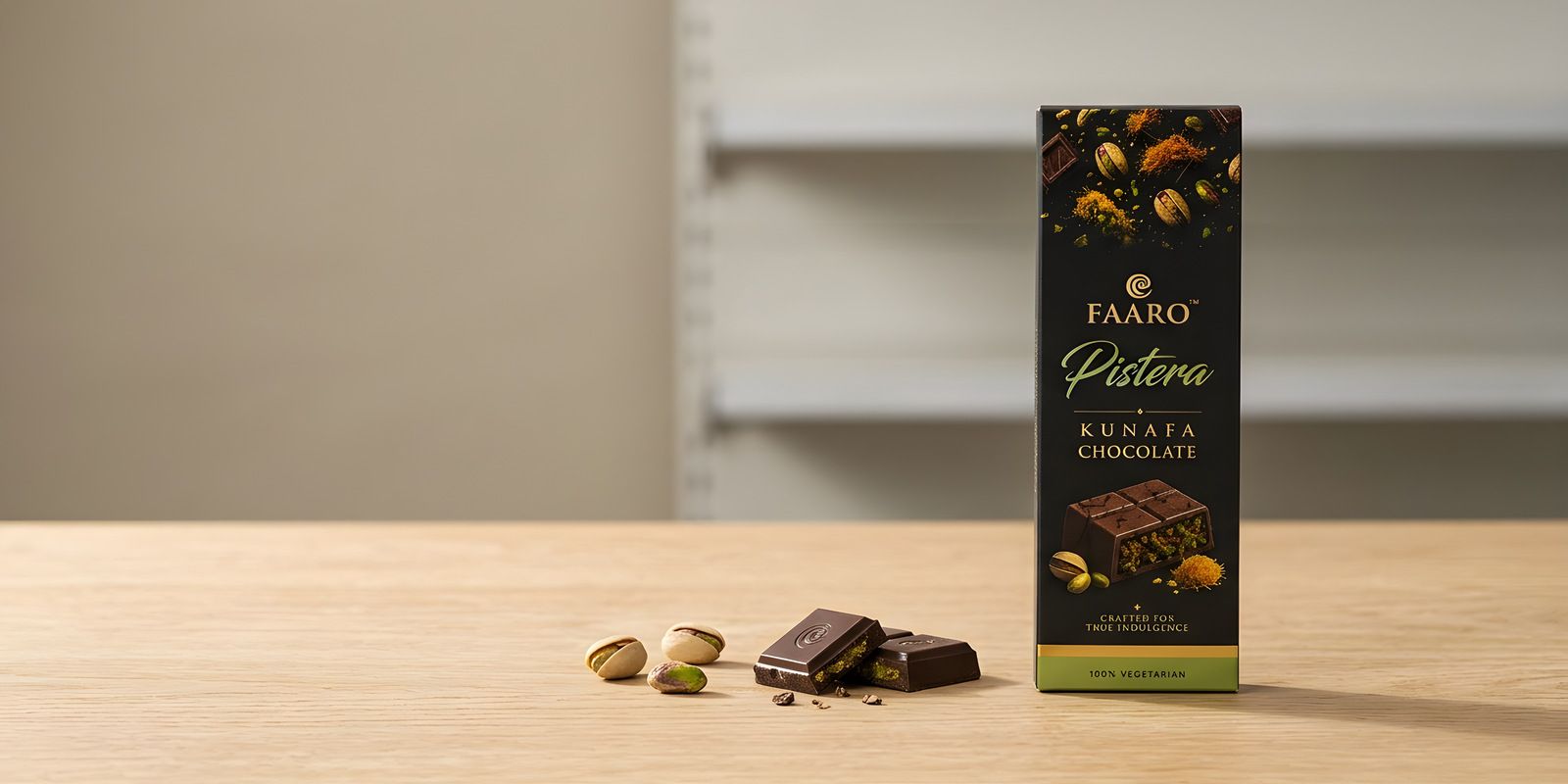 Faaro Pistera kunafa chocolate bars standing in a shop display tray on a pale oak counter in bright daylight