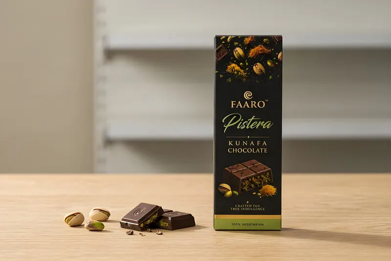 Faaro Pistera kunafa chocolate bars standing in a shop display tray on a pale oak counter in bright daylight