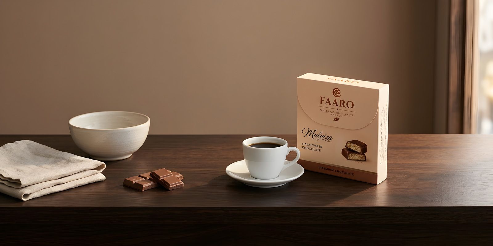 A Faaro Malaiza wafer chocolate carton on a café counter beside a cup of coffee and a bowl of the same cartons