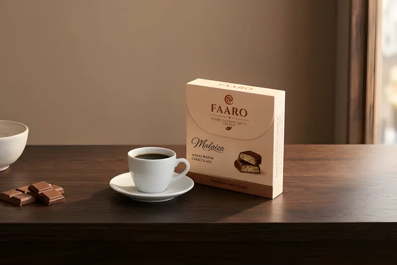 A Faaro Malaiza wafer chocolate carton on a café counter beside a cup of coffee and a bowl of the same cartons