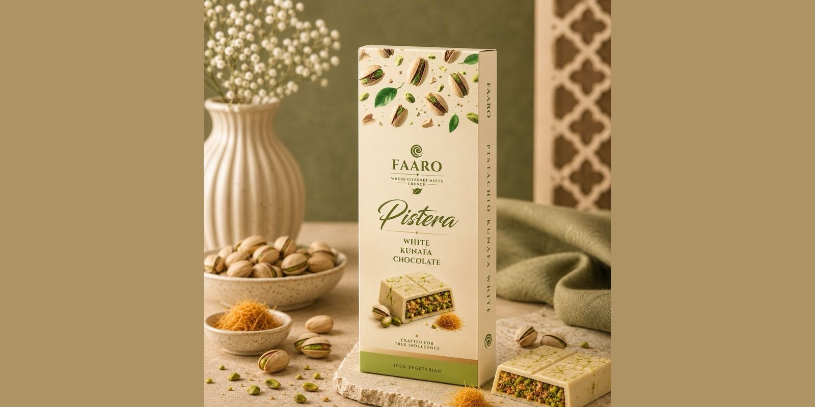Faaro Pista Bianca pistachio kunafa white chocolate bar, the white variant retailers stock alongside milk