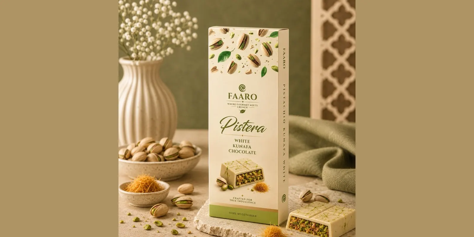 Faaro Pista Bianca pistachio kunafa white chocolate bar, the white variant retailers stock alongside milk