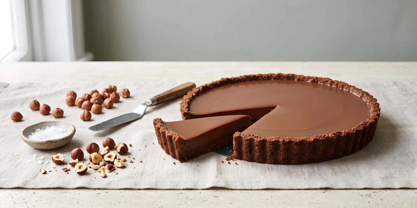 A whole no-bake chocolate hazelnut tart with one slice cut away, showing a glossy set ganache filling on a biscuit crumb base