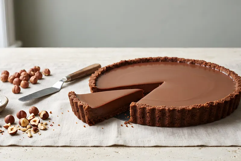 A whole no-bake chocolate hazelnut tart with one slice cut away, showing a glossy set ganache filling on a biscuit crumb base