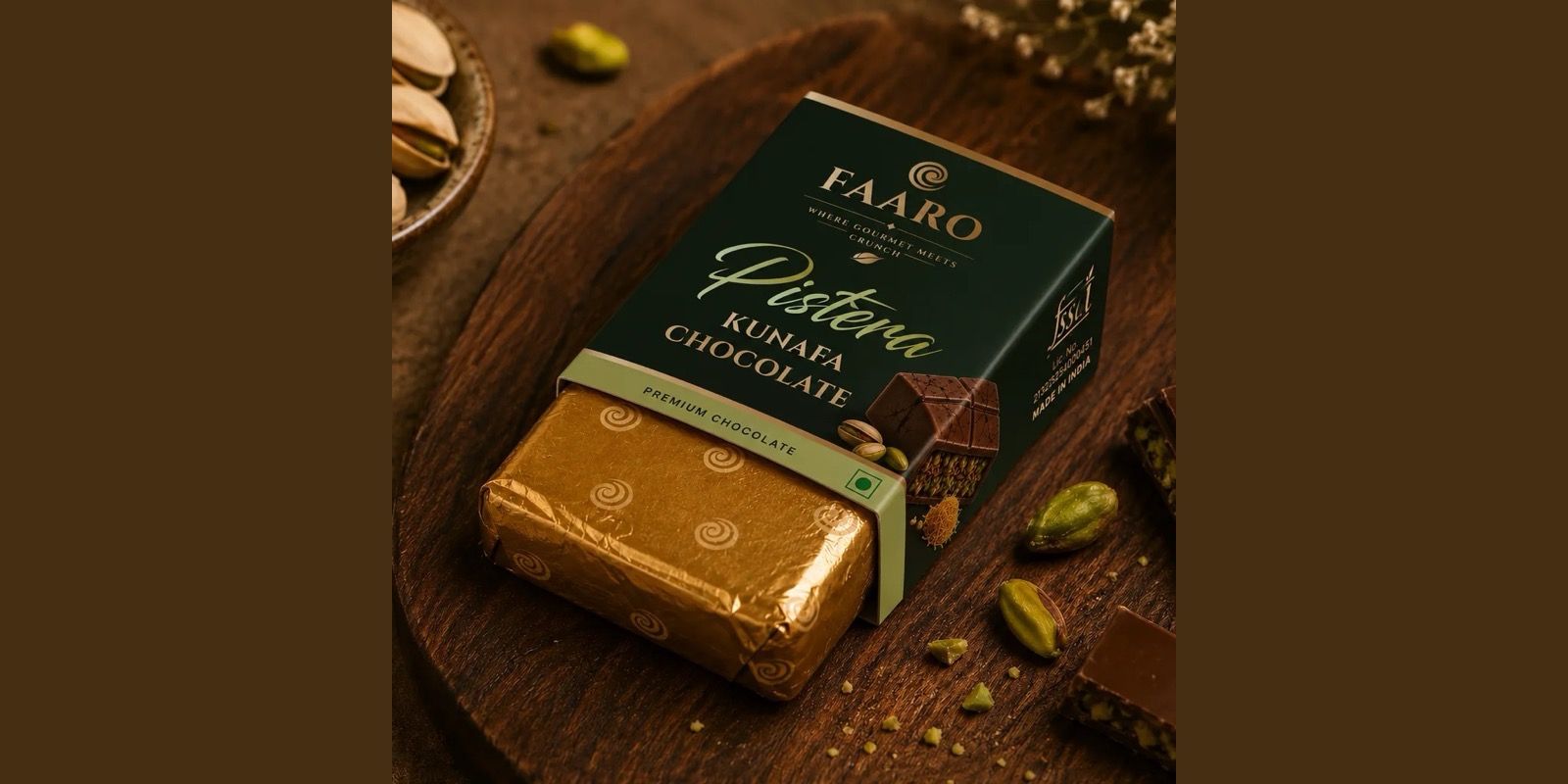 Faaro Pistera pistachio kunafa chocolate in a 10g favour pack, the size used for South Indian wedding return gifts