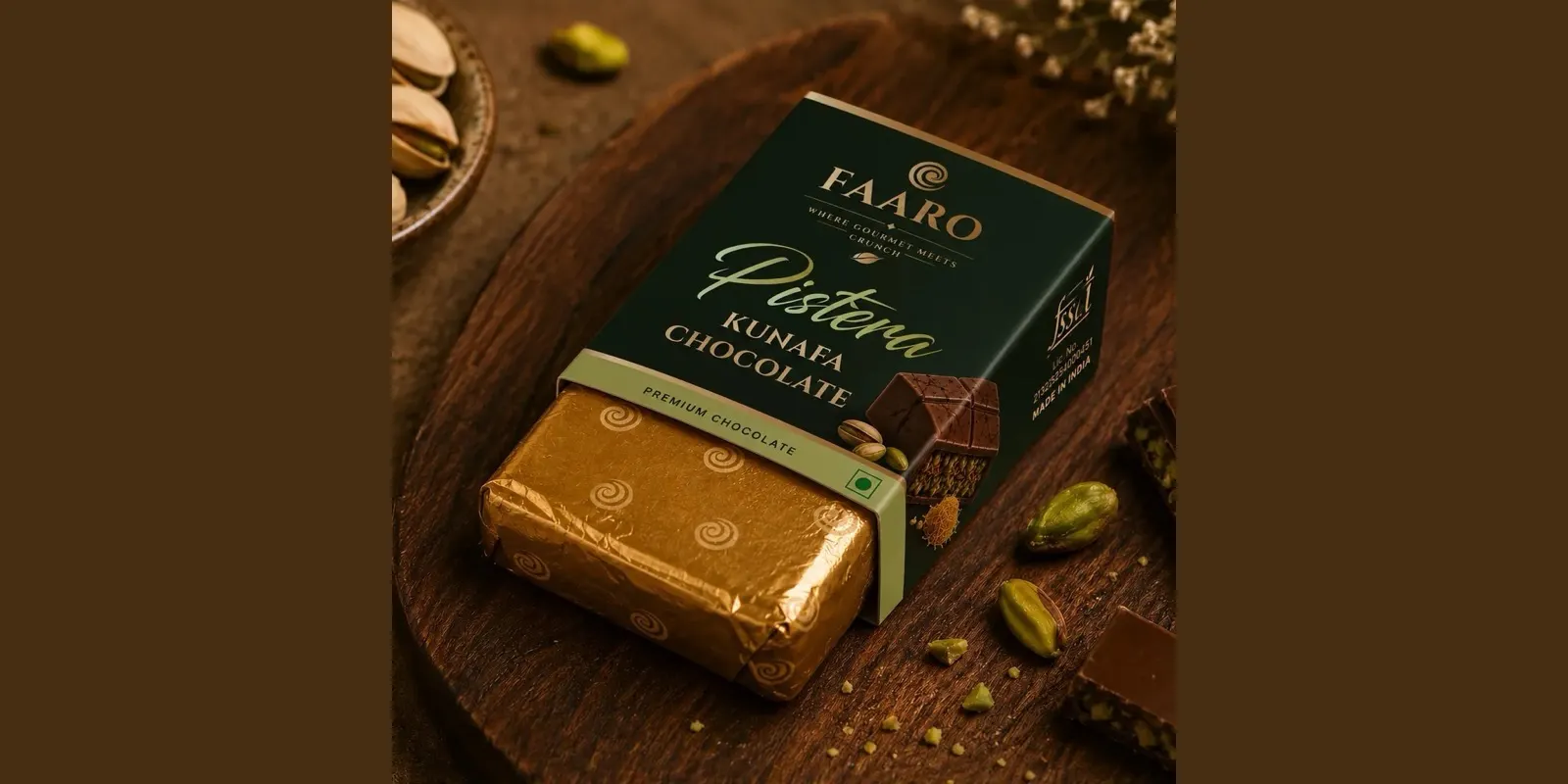 Faaro Pistera pistachio kunafa chocolate in a 10g favour pack, the size used for South Indian wedding return gifts