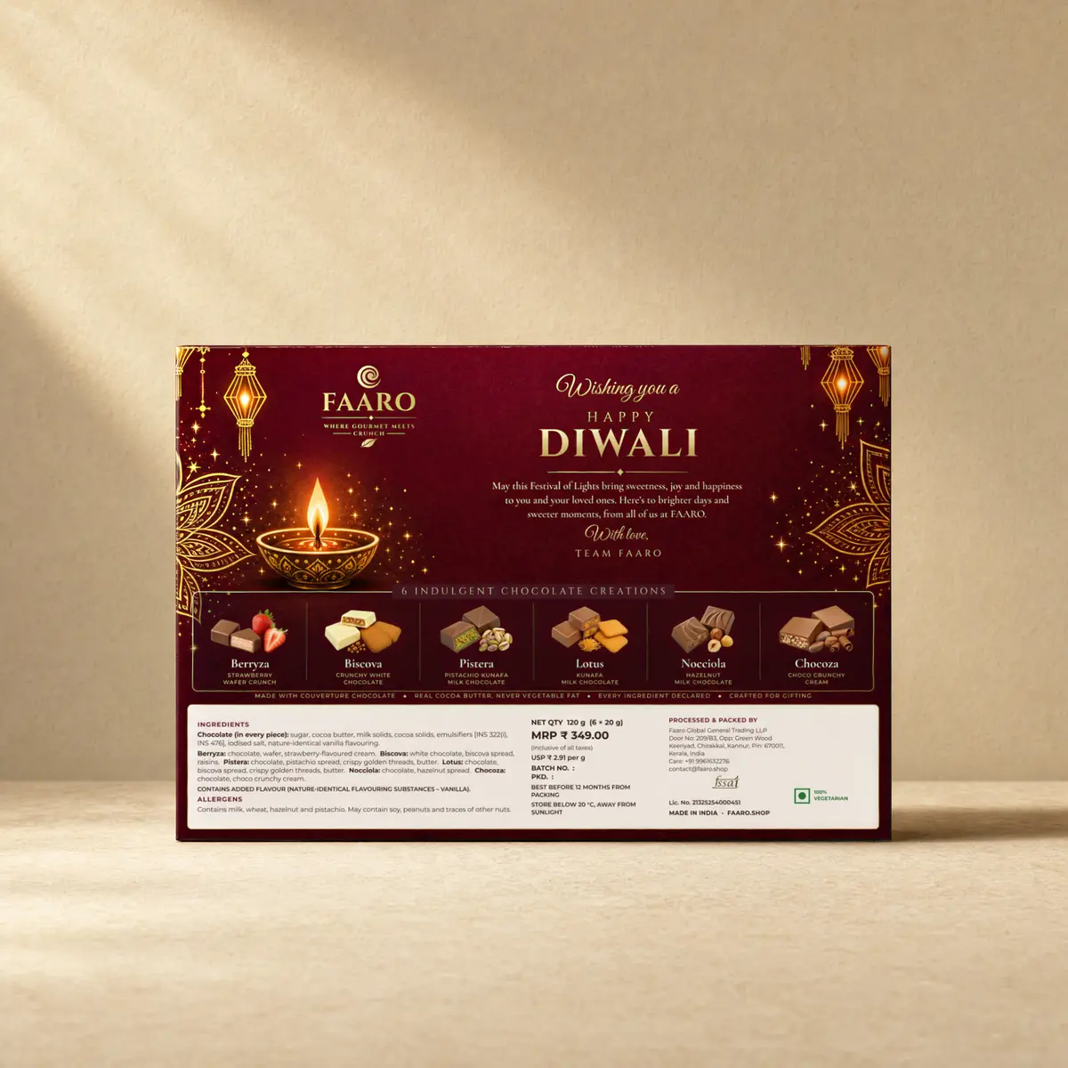The back of the FAARO Diwali gift box, listing the six flavours with a Diwali greeting, ingredients, allergen information and a nutrition table