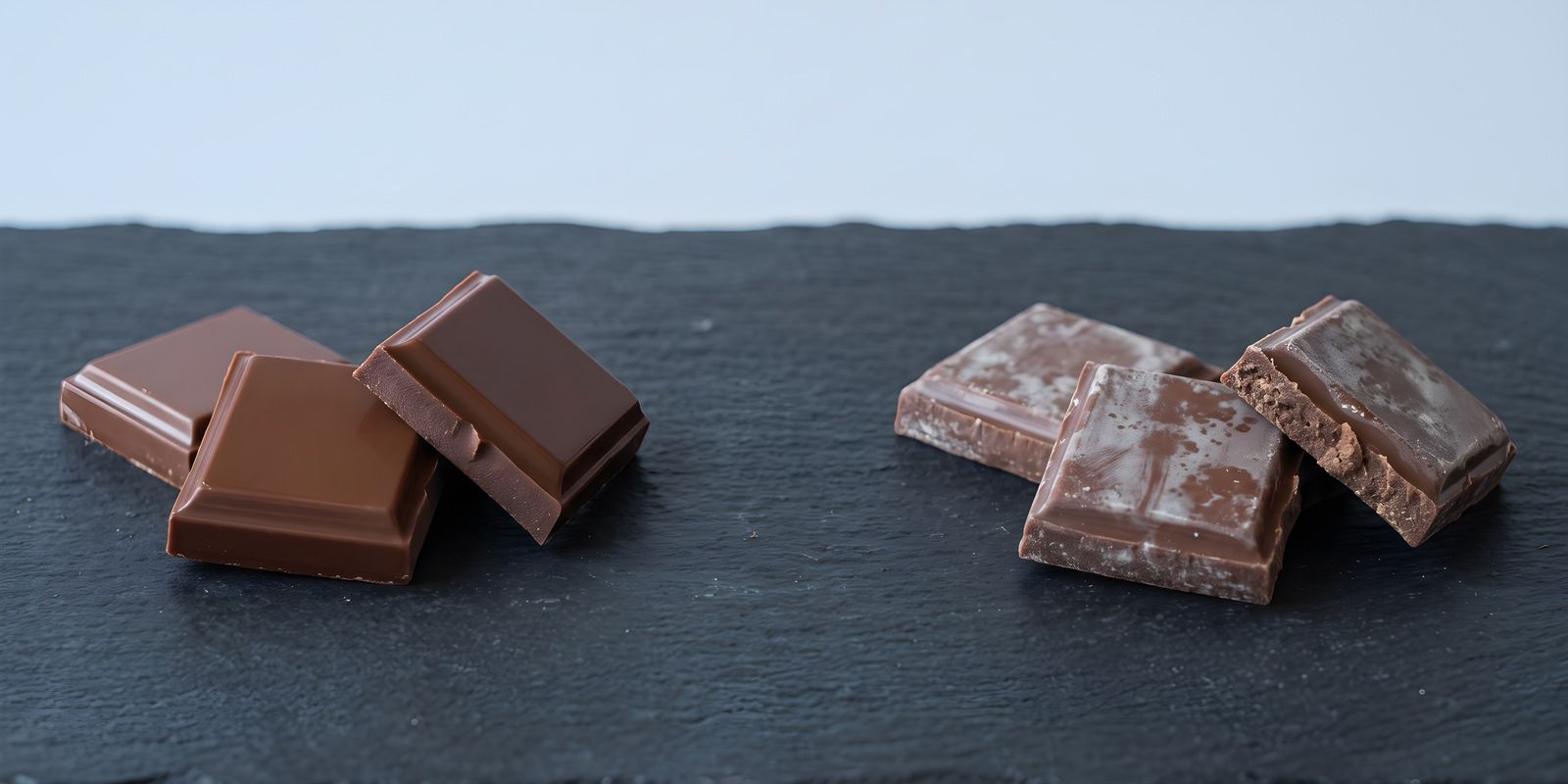 Glossy milk chocolate squares on the left beside dull, grey-streaked bloomed chocolate squares on the right, on a dark slate surface